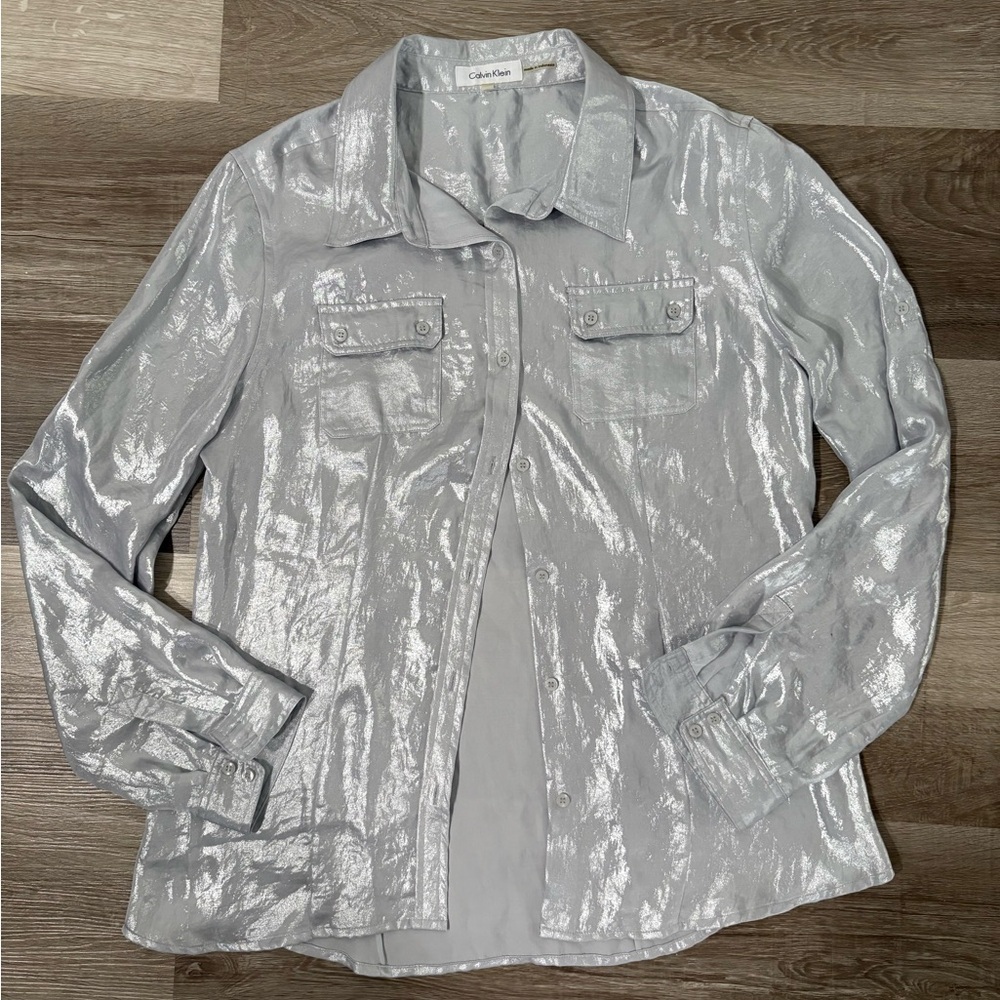 Calvin Klein Shiny Silver Button-Up Shirt
